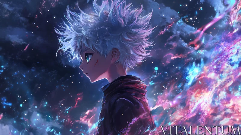 Starlit boy with white hair walks through luminous nebula