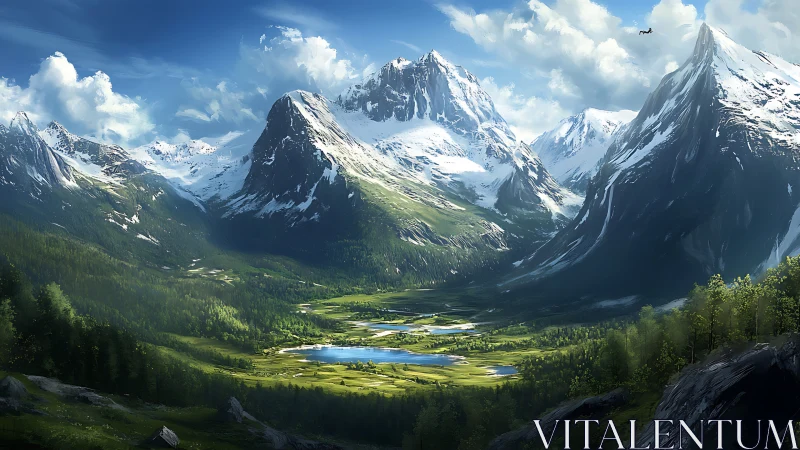 Snow crowned mountains welcome a sunlit valley of lakes