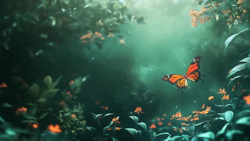 Monarch butterfly in stylized green forest environment.