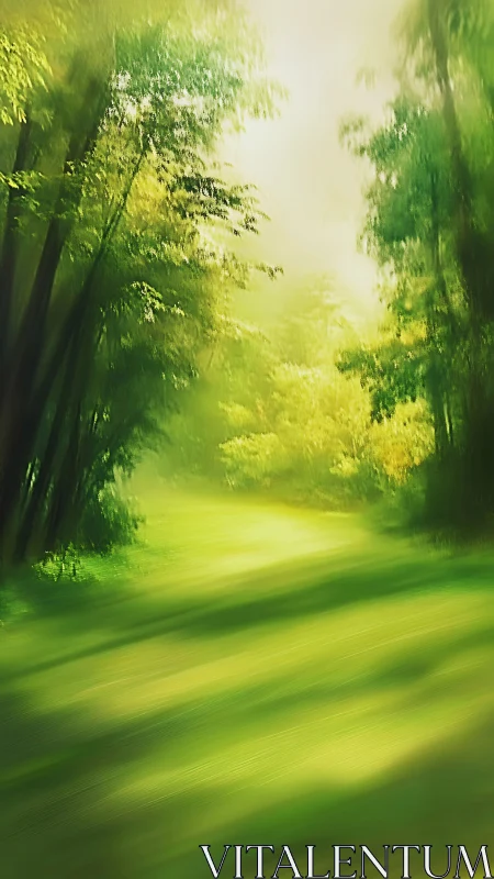 Sunlit forest path bathed in emerald glow.