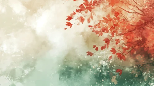 Autumn red leaves drifting above soft teal misty ground.