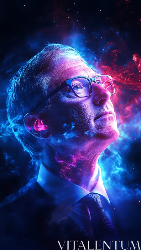 Starlit thinker drifts through neon cosmic daydreams