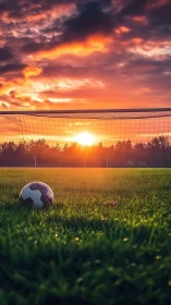 Soccer field with goal net and ball at low sunset light.