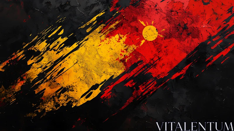 Diagonal red, yellow and black abstract field with sun disc