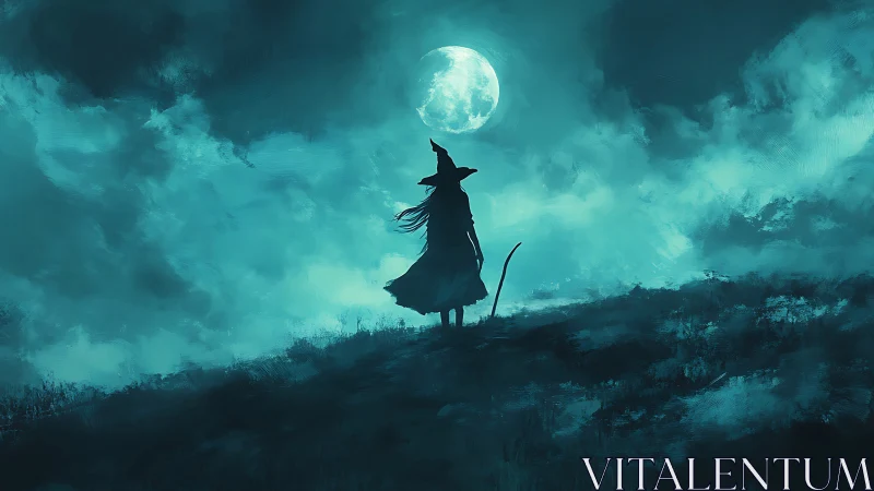 Moonlit witch silhouette against turbulent teal clouds.