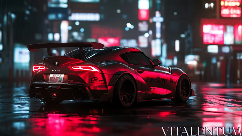 Neon-lit modified sports coupe rendered in rainy cybercity street