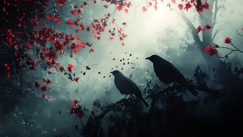 Two quiet crows resting beneath glowing crimson leaves.