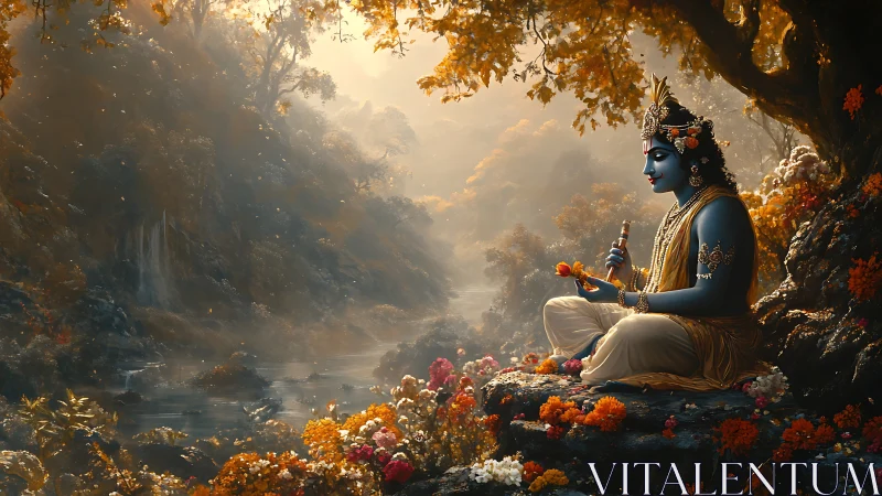 Divine blue figure in golden forest glade with river vista.