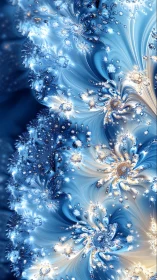 Fractal ice blooms swirl in luminous blue cosmic currents.