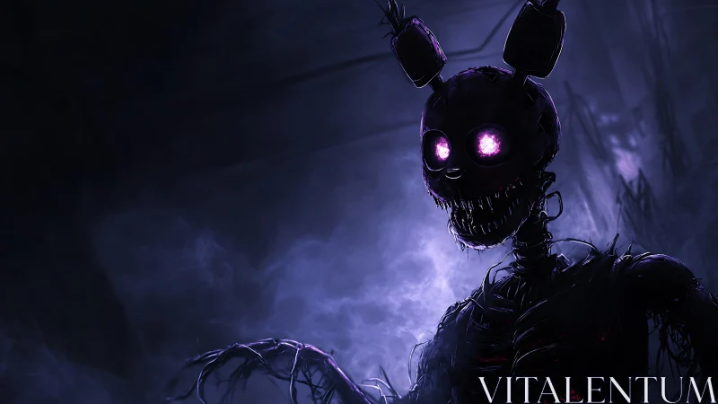 Necrotic animatronic rabbit with luminescent ocular cores.