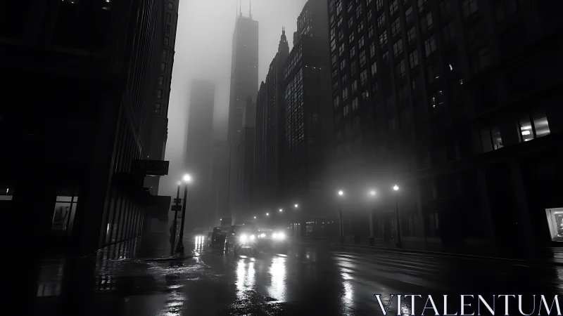 Foggy downtown street with tall buildings at night.