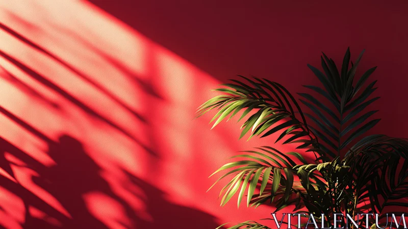 Green palm leaves against red wall in angled sunlight.