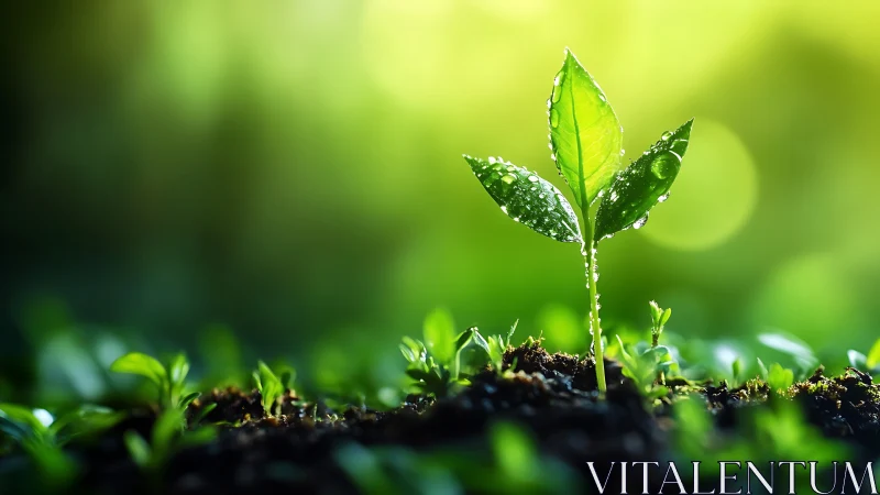 Single wet seedling stands in sharp focus against blurred field