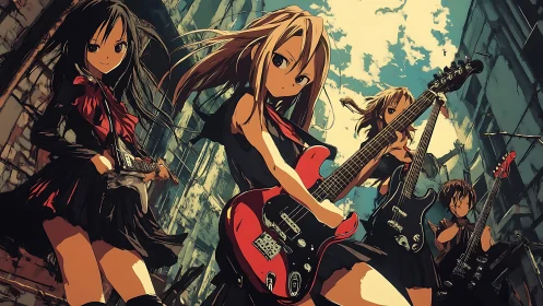 Anime girl rock band storms ruined urban alleyway stage.