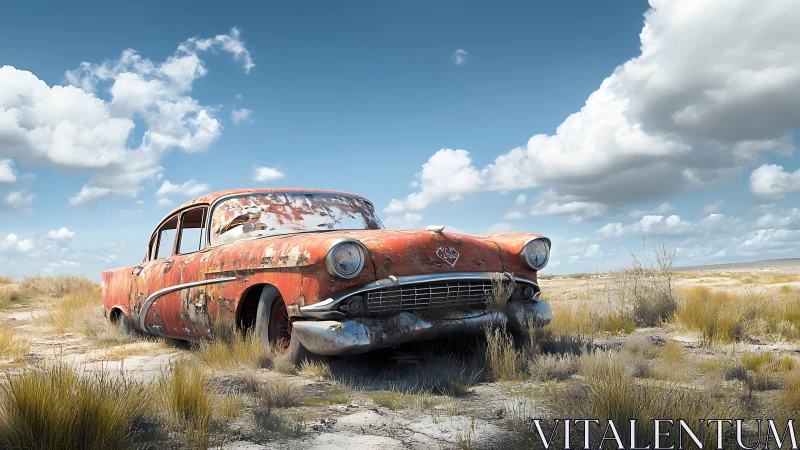Weathered red vintage car abandoned in open grassland.