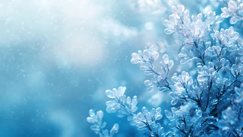 Macro study of ice coated foliage in soft cyan bokeh field