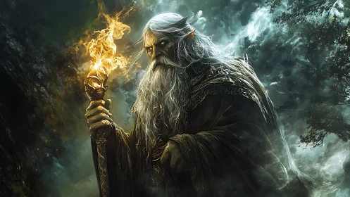 Storm-lit elven wizard raises a fiery staff in misty woods