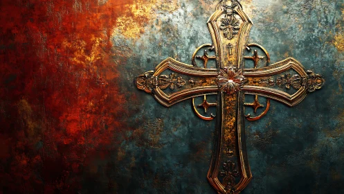 Ornate golden cross rests against textured rusted wall