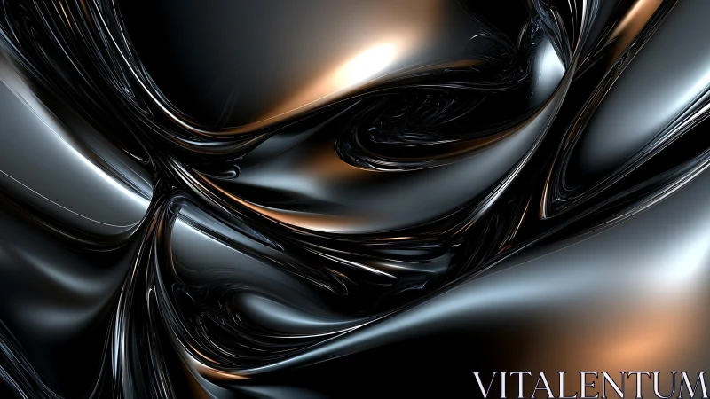 Abstract metallic fluid waves in glossy digital art style.