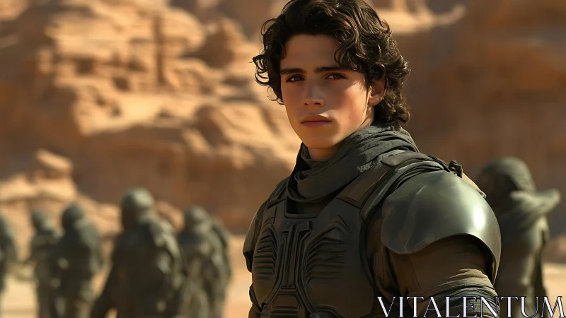 Young desert warrior stands steady in warm golden light.