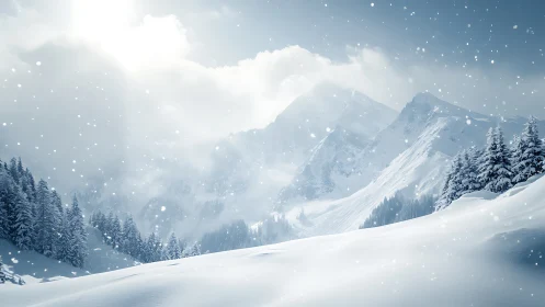 Silent alpine ridgeline under drifting winter snowfall.