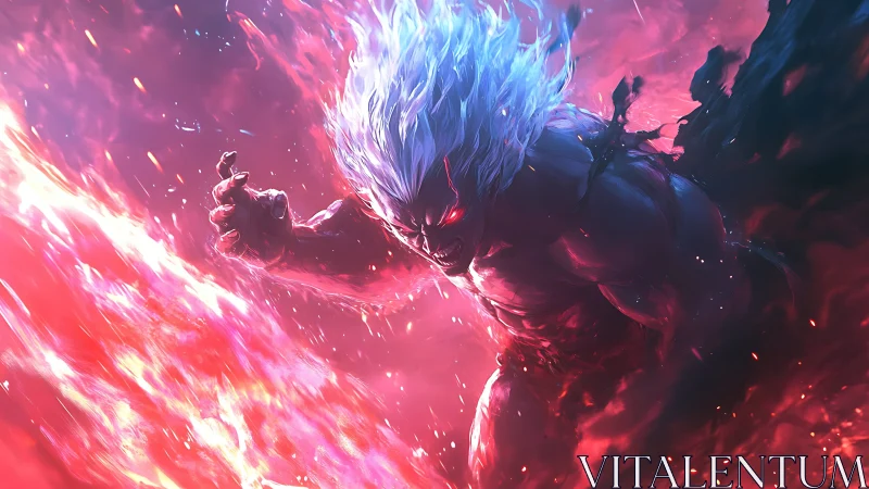 Mythic warrior channels dual elemental inferno energy.