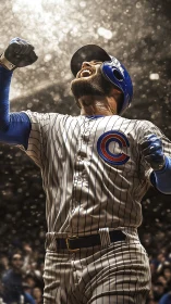 Triumphant baseball slugger in striped home uniform celebrating