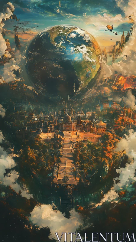 Floating world above a golden skybound city of dreams.