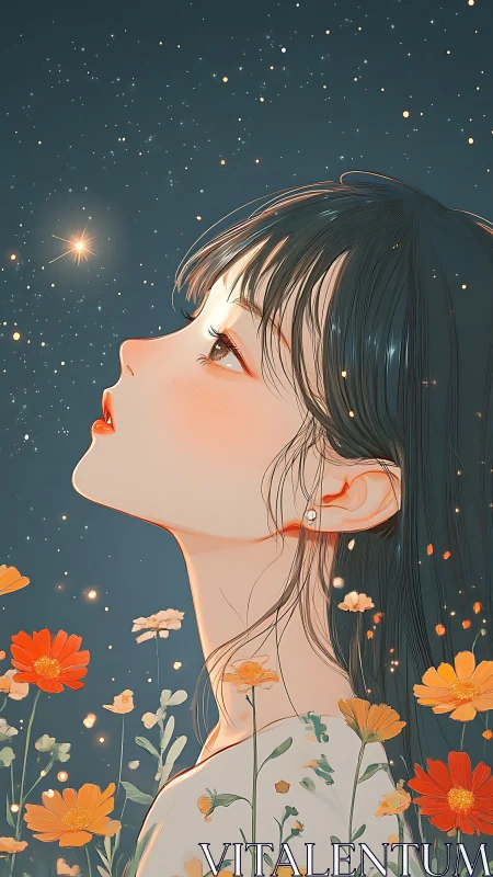 Starlit anime profile portrait unites florals and night sky