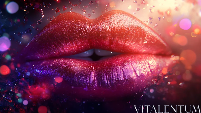 Macro glossed lips with bokeh light scattering and glitter dust