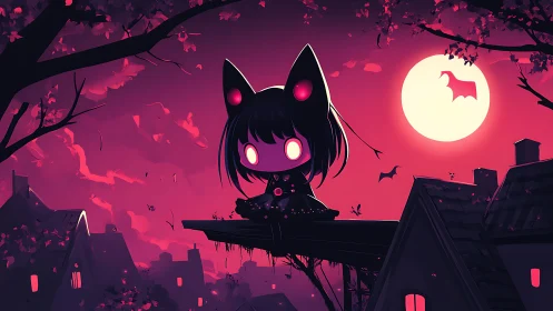 Gothic chibi cat girl sits above rooftops under full moon