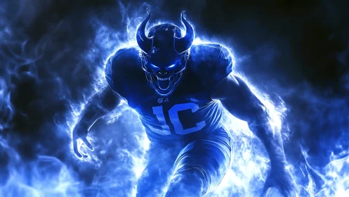 Demonic football warrior charges through electric blue flames