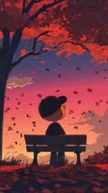 Solitary child studies autumn foliage under saturated sunset