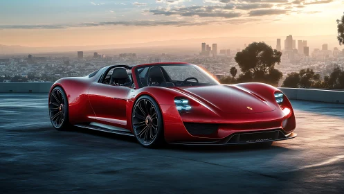 Sunrise-red roadster quietly stalks the waking city skyline