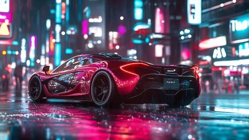 Neon city rain glows around a sleek red supercar at rest.