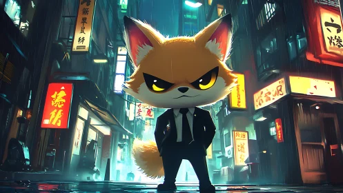 Tough fox in suit stands in neon lit rainy city street.