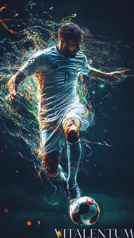 Dynamic football striker framed in luminous particle motion