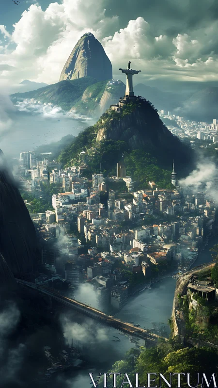 Christ statue overlooks misty coastal metropolis at sunrise.