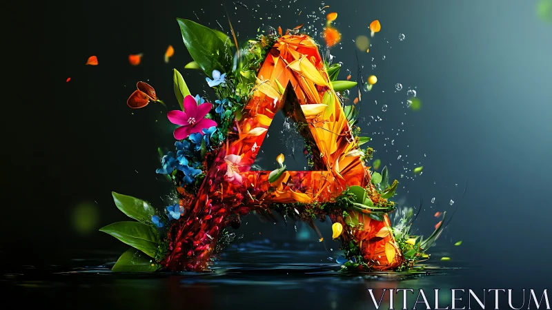 Floral crystal letter A rises from reflective dark water