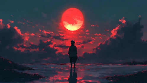 Lone wanderer beneath a luminous crimson moonlit sky.
