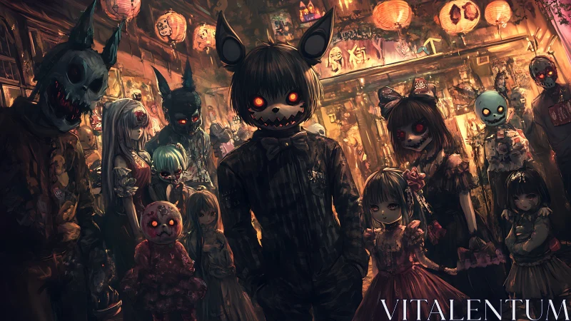 Spooky masked friends gather under lanterns in warm glow.