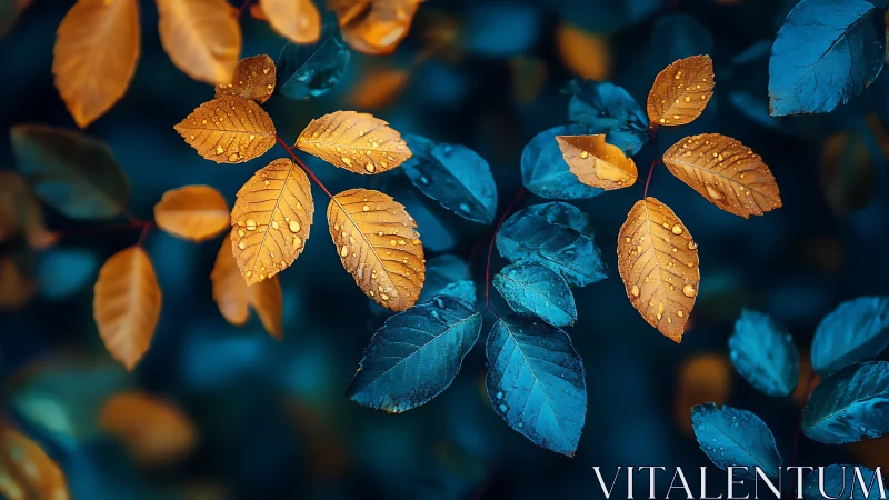 Orange and blue leaves with surface water droplets at close range.