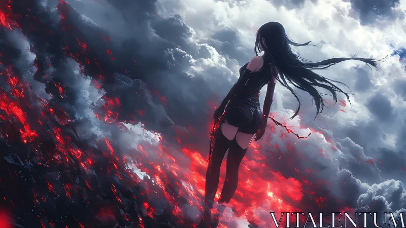 Volcanic cloudscape with solitary dark-clad anime sentinel.