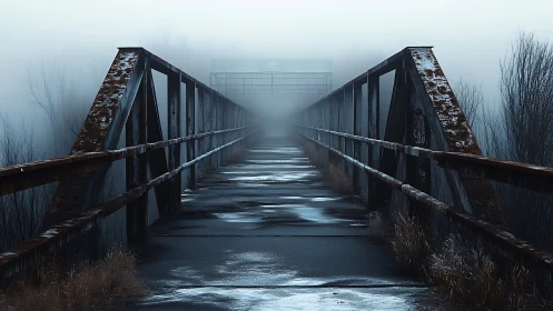 Rusted bridge fading into dense winter fog at dawn.