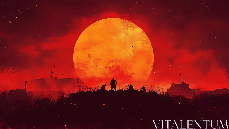 Silhouetted figures before large red sun over distant ruins.