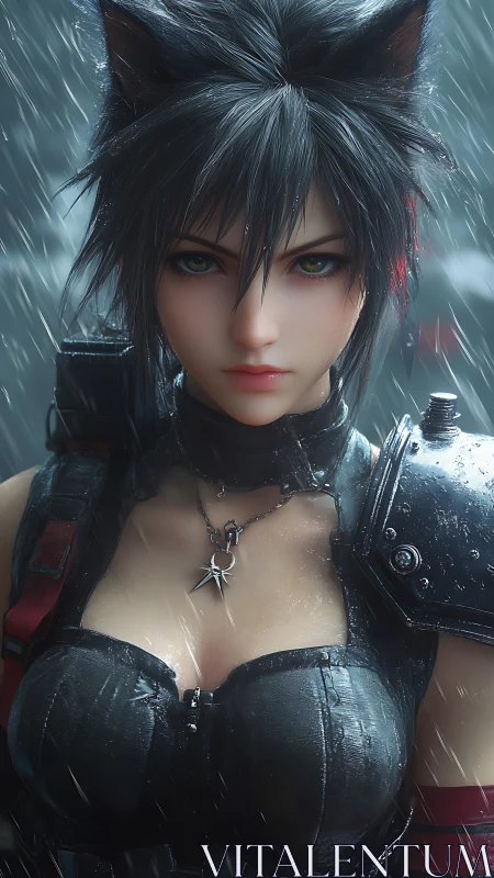 Cat-eared cyber warrior stands focused in driving rain.
