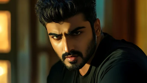 Intense male portrait in warm cinematic side lighting.