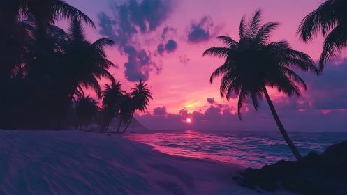 Dreamy tropical shoreline glowing in electric sunset hues.