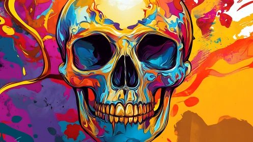 Vivid multicolor skull dominates explosive abstract canvas