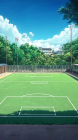 Empty synthetic turf school soccer field under clear midday sky